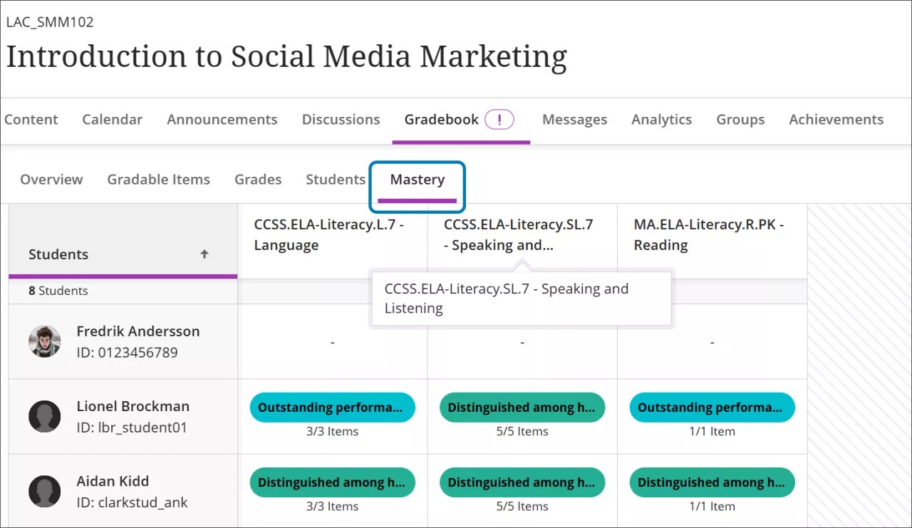 Overview of the Mastery tab in Gradebook, with the tab highlighted
