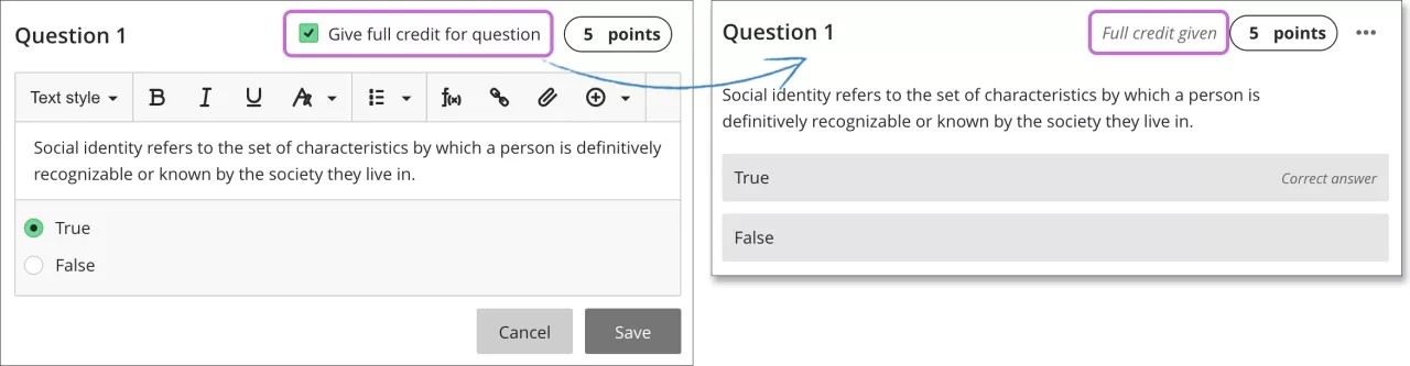 Tick on the box to give all students full credit for a question.