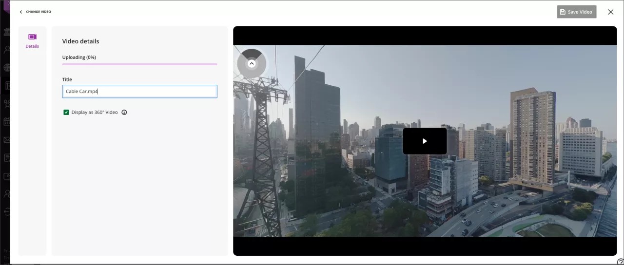 The upload screen for a 360 video, with a field for title to the right and an uploading progress bar beside the video
