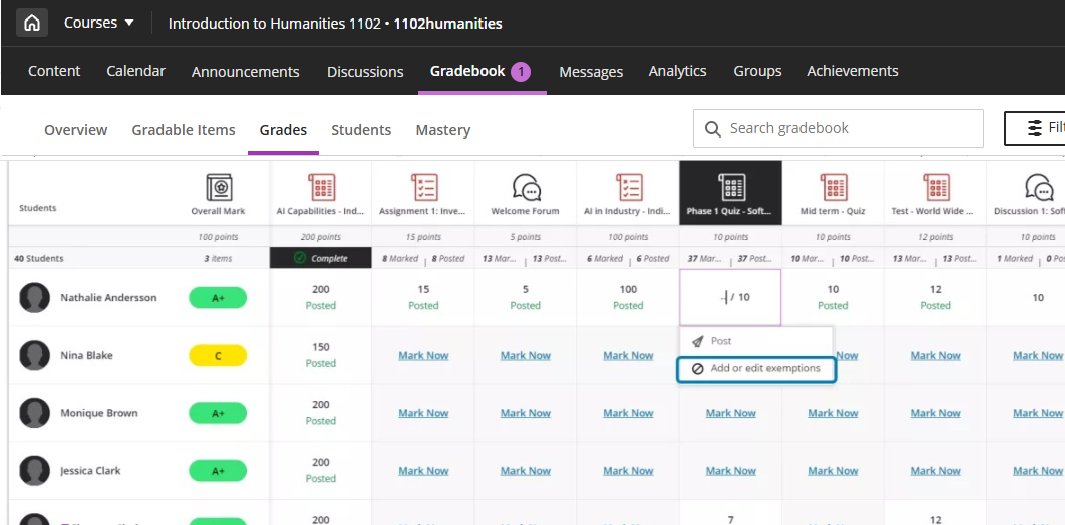 Add exemptions from the gradebook grid view.