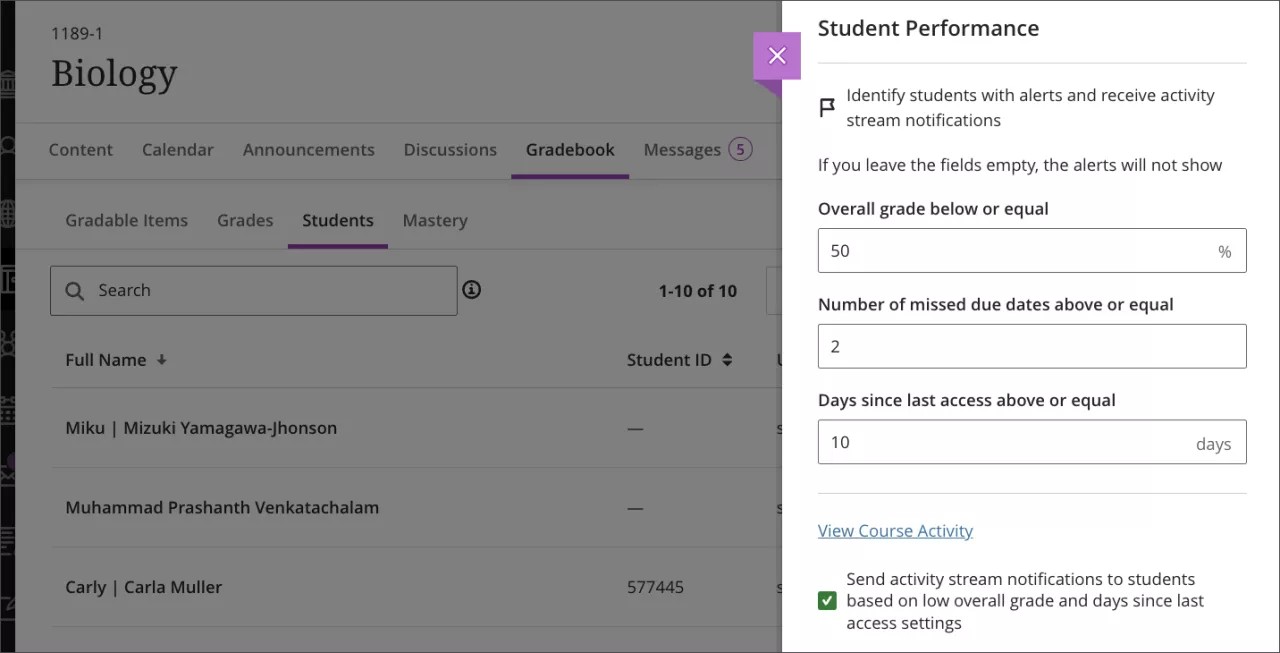 Performance settings section of the Gradebook, showing View Course Activity beneath the alert fields