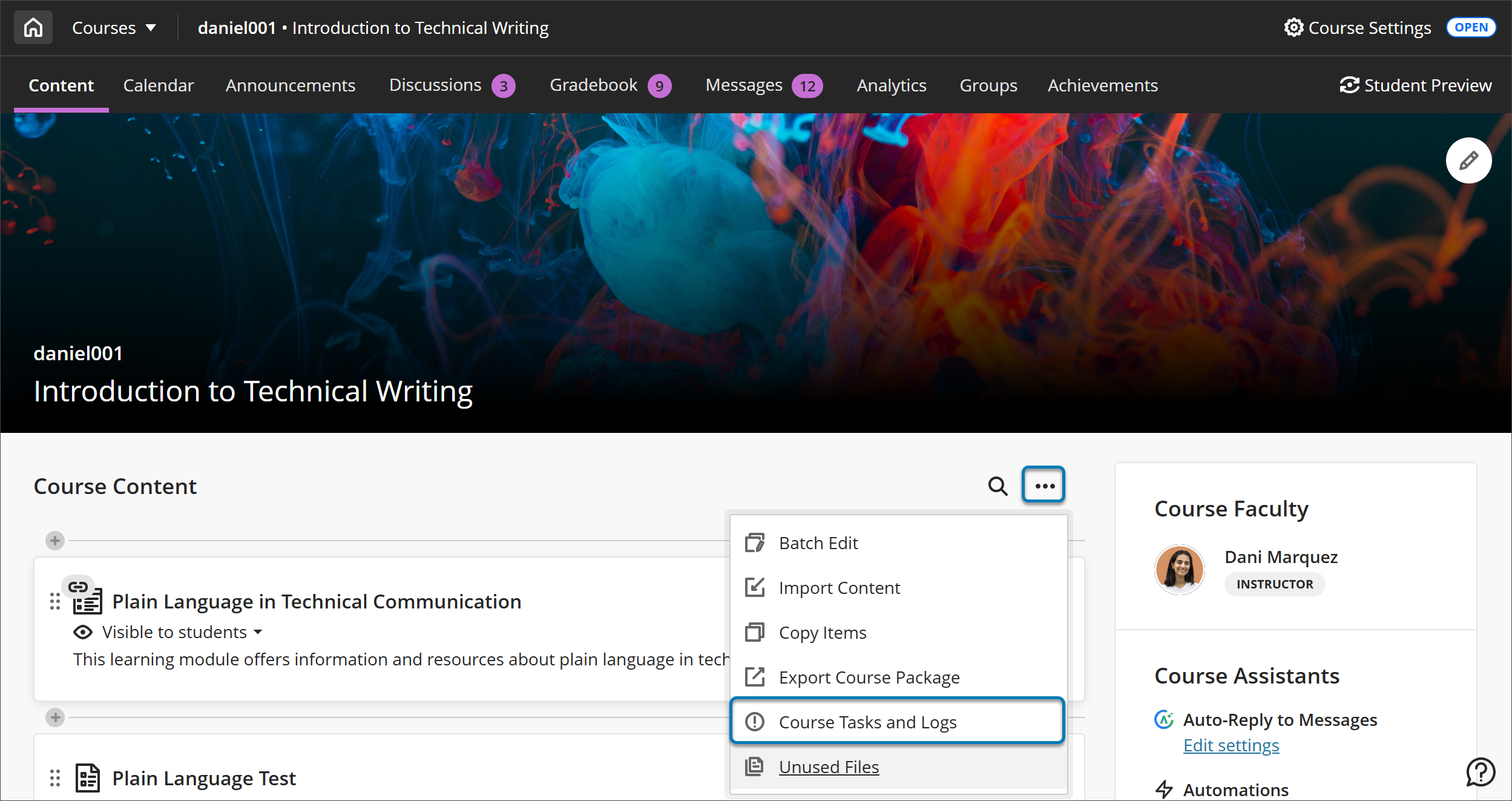 Image of the Course Content page with Course Tasks and Logs highlighted on the More options menu