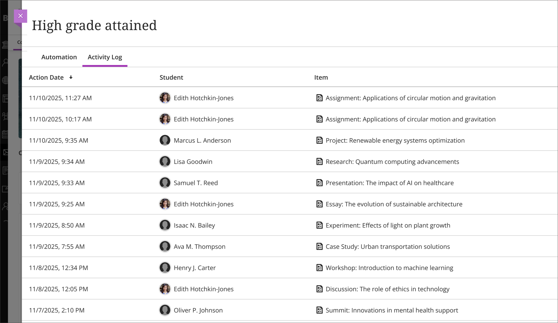 The Activity Log tab for the High grade attained automation, with columns for the Action Date, Student, and Item.