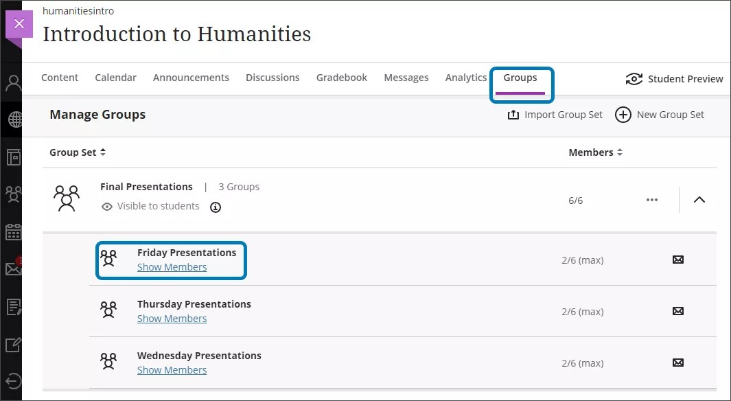 Image of the Groups page. There is a blue square around the name of a group.