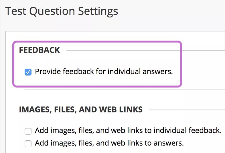 Test Questions Settings page. The Checkmark option Provide feedback for individuals answers option is highlighted in violet.