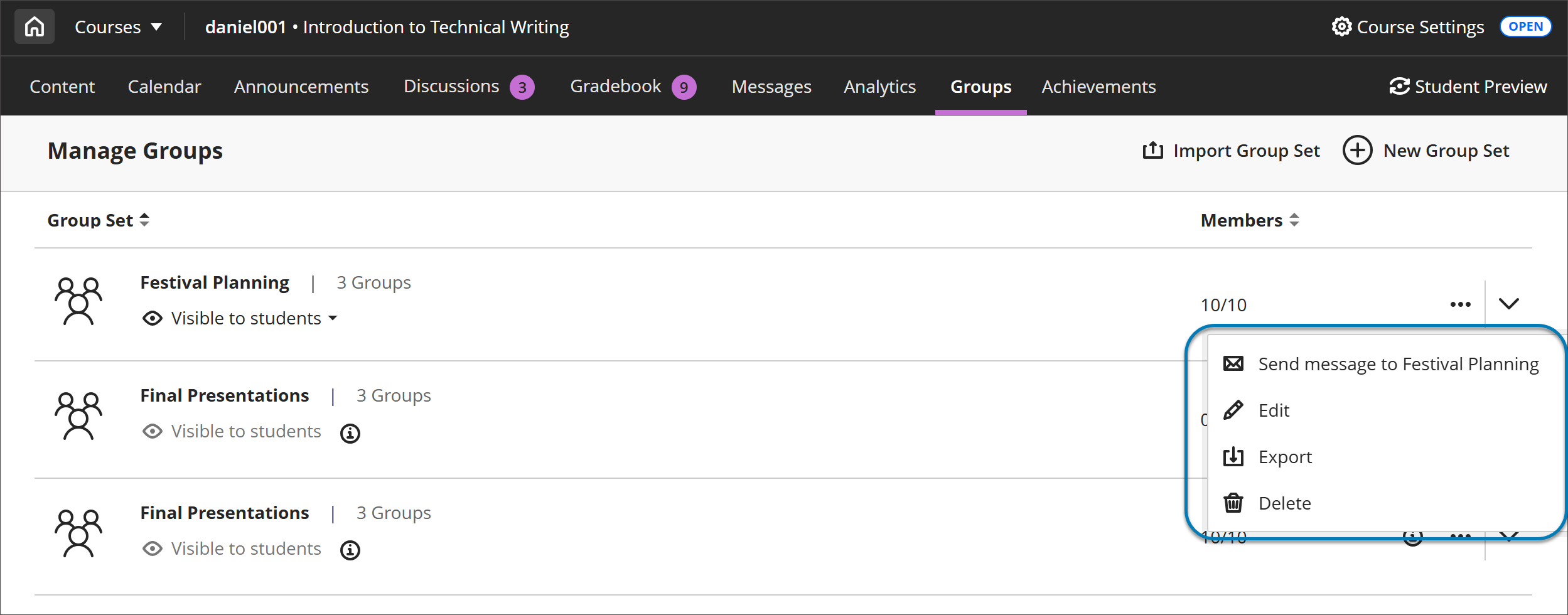 The Course Groups page with the More options menu dropdown shown.