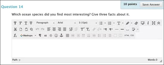 Example of an essay question. The item is Question 14, which asks, "Which ocean species did you find most interesting? Give three facts about it."