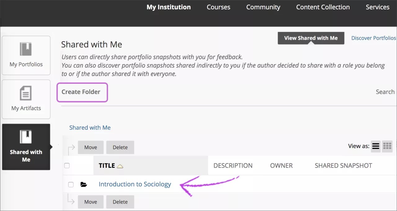 To create folders with portfolios that were shared with you, select Create Folder