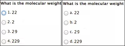 Side-by-side comparison of multiple choice options, with one set have 1, 2, 3, and 4 as option numbering and the other set having a, b, c, d.