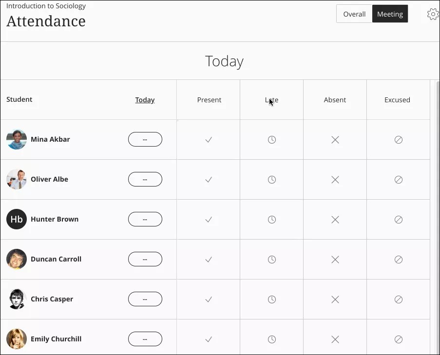 The Meeting view is open. How to mark the students' attendance individually (one by one) or collectively (with the "Mark all" and "Clear marks" options) is shown.