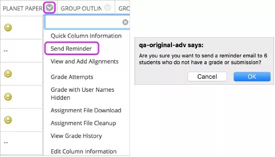Instructors can select Send Reminder on an assessment to send a reminder to students or group members who have missing coursework