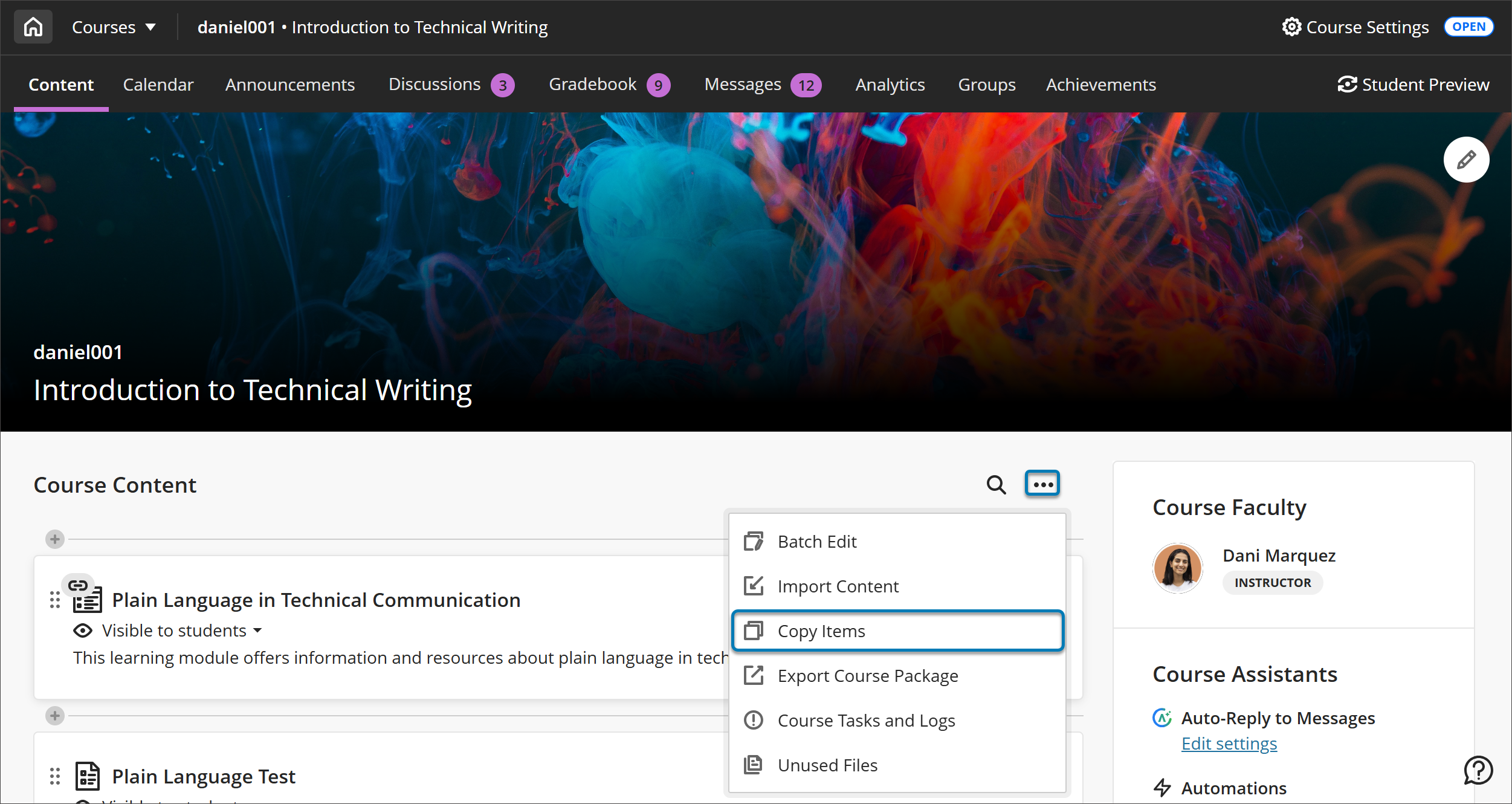 Image of the More options menu on the Course Content page with Copy Items highlighted