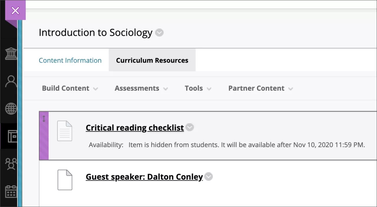 Content Information tab showing the content in your course