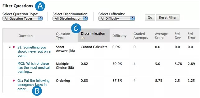 Filter Questions screen with labels showing where and how to filter