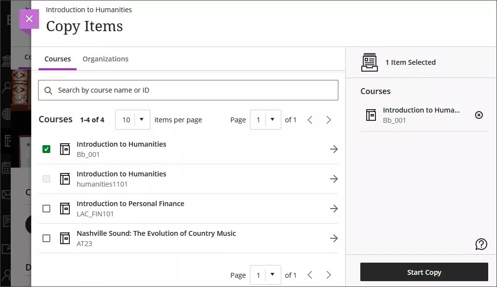 Imagen de la página Copiar elementos, con la casilla de verificación junto a un curso seleccionado