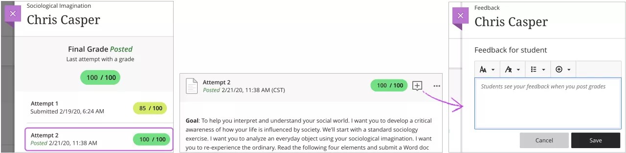 La página de entregas del estudiante está abierta con 1) un intento seleccionado resaltado, 2) el icono de "Comentarios" resaltado y 3) se muestran los comentarios para un panel de estudiante en particular.