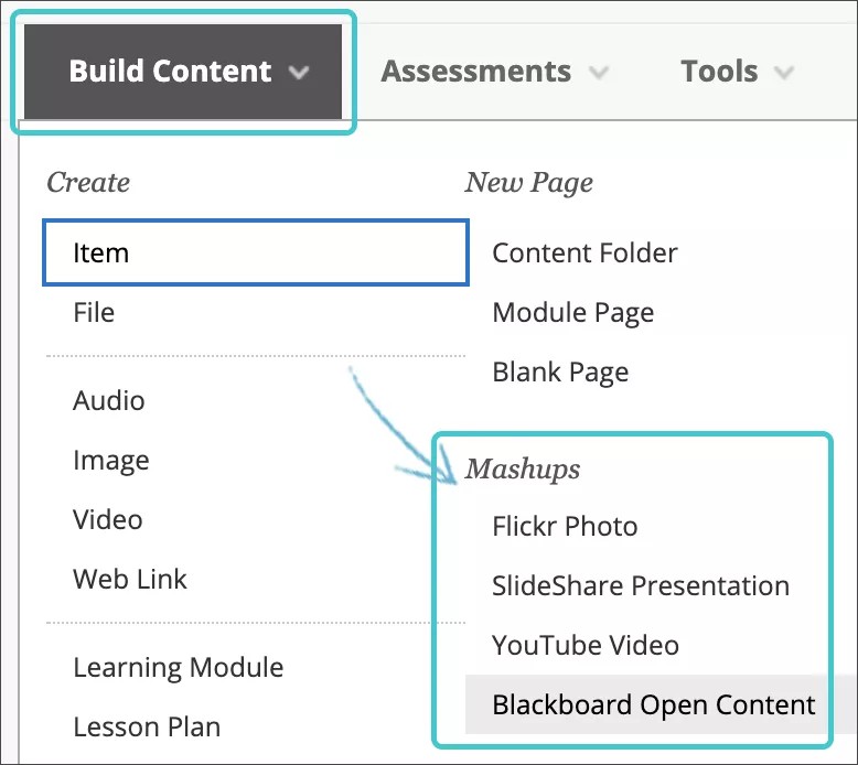 Menú Crear contenido, seleccione Elemento, luego Mashup.