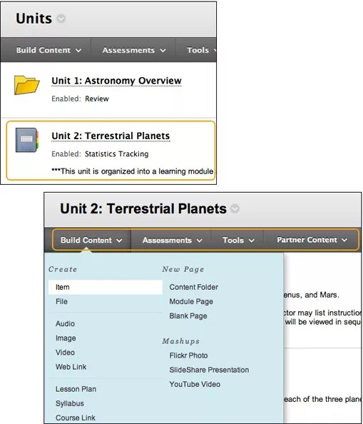 En la parte superior, la ventana del curso con el módulo de aprendizaje de la Unidad 2: Planetas terrestres resaltado. En la parte inferior, se expandió la ventana del curso con el menú Crear contenido dentro del módulo de aprendizaje Unidad 2: Planetas terrestres.