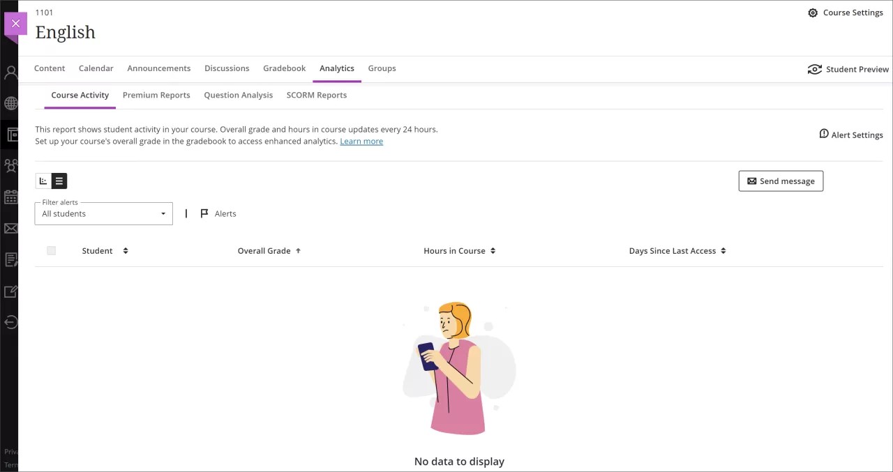 Vue Tableau de l'onglet Analyses de cours lorsqu'aucun étudiant n'est inscrit. Une personne regarde un téléphone portable au-dessus d'une légende disant : « Aucune donnée à afficher ».
