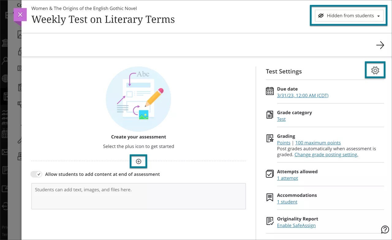 Image de la nouvelle page de test avec des cases dessinées autour de trois zones pour personnaliser le test : 1. Création de contenu, 2. Visibilité des étudiants, et 3. Paramètres du test