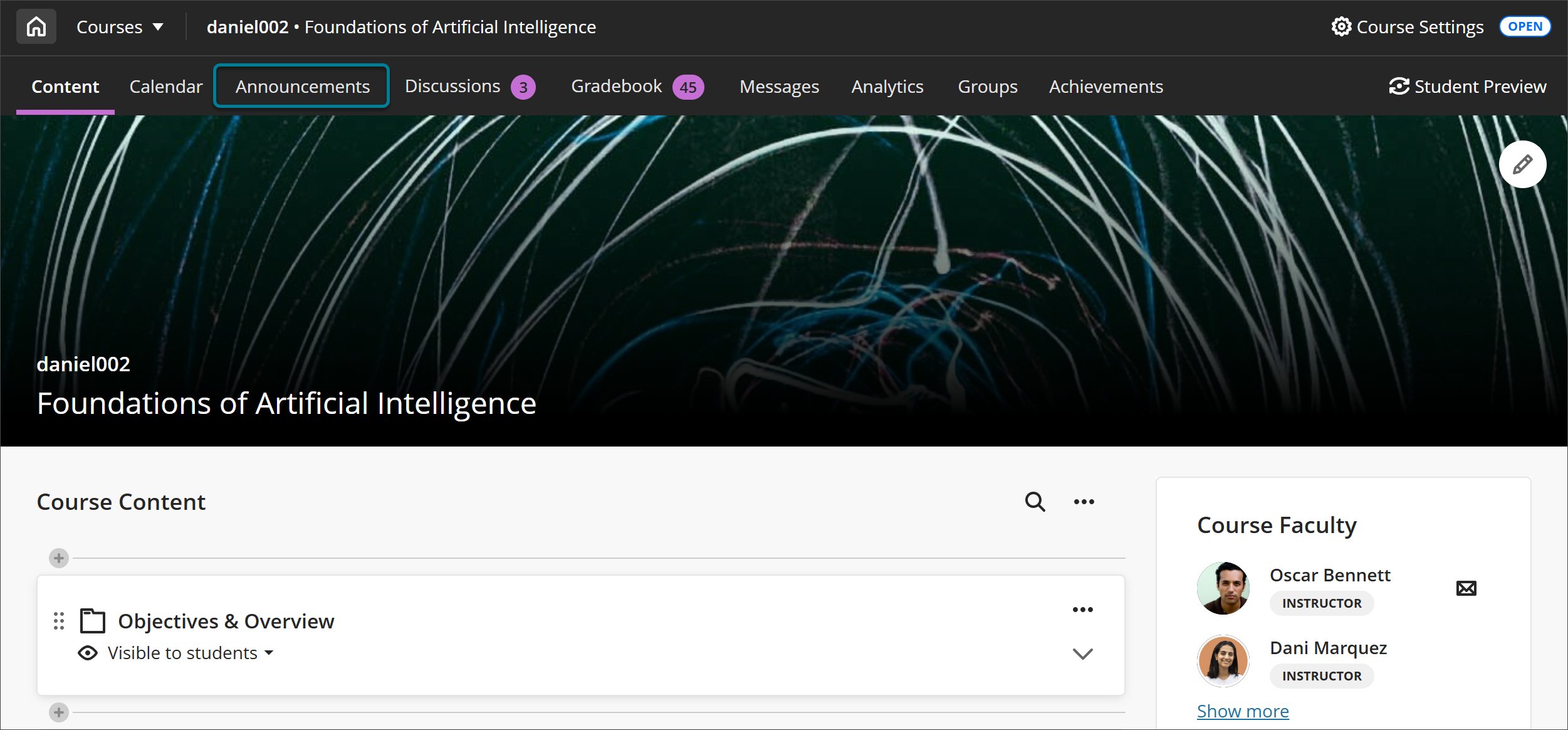 Un 1 violet dans un cercle affiché à côté de l'onglet Annonces sur la page Contenu du cours