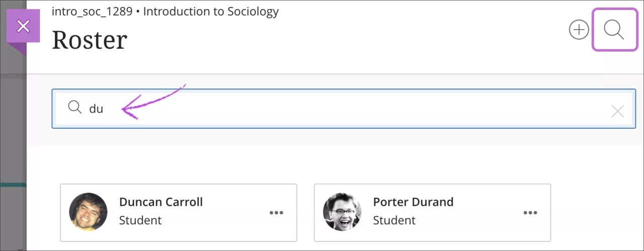 Recherche d'étudiants dans la page Annuaire des étudiants. Le bouton de recherche est une loupe dans le coin supérieur de la page, qui est mise en surbrillance. Deux lettres sont saisies dans la barre de recherche qui fait ressortir deux résultats de recherche correspondant aux lettres saisies dans la barre de recherche.