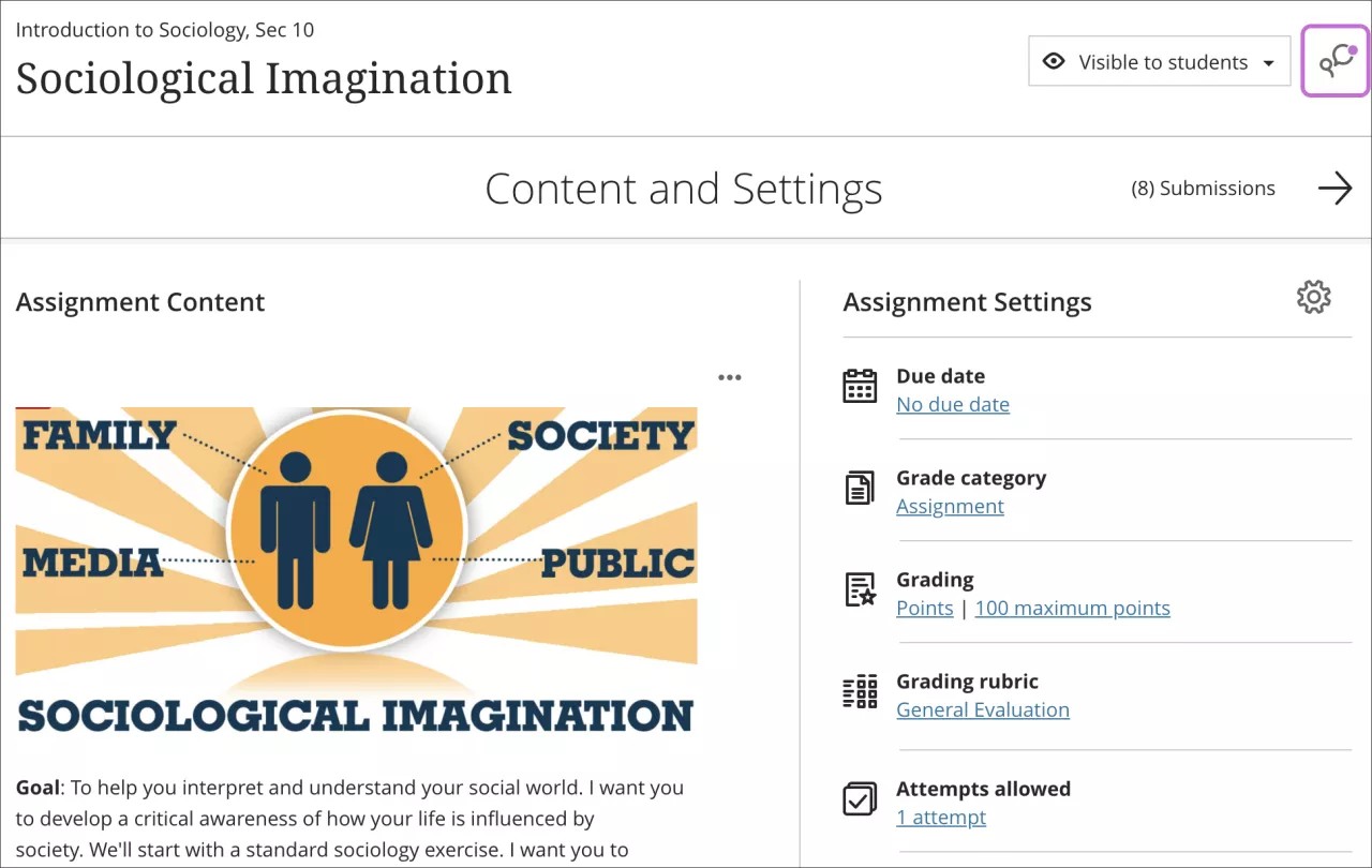 Le bouton « Ouvrir une conversation en classe » situé dans le coin supérieur de la page d'un travail ou d'une page de soumission. Le bouton Ouvrir une conversation en classe est surligné en violet.
