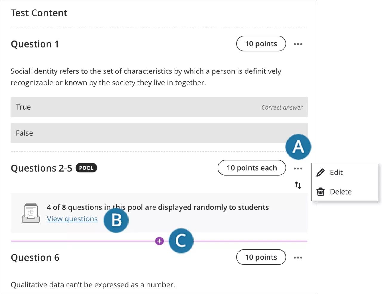 Modifier la vue d'un test affichant un pool de questions. Le menu des options du pool de questions, le lien Afficher les questions et la fonction d'ajout de questions après le pool sont mis en surbrillance.
