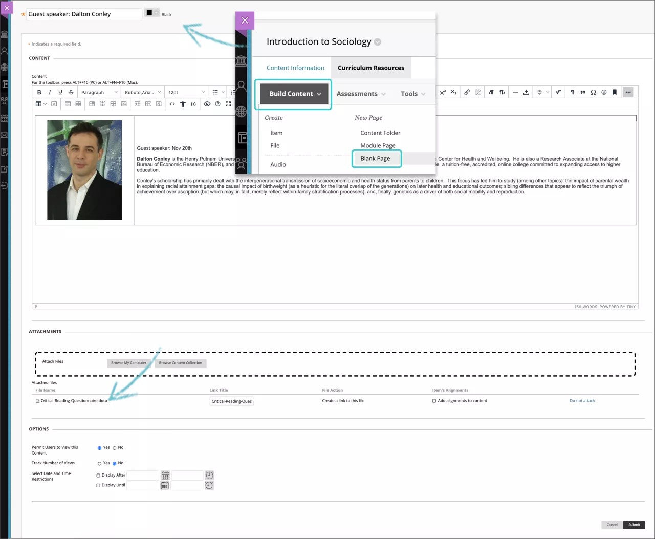 Sélectionnez Créer du contenu pour accéder au menu, puis sélectionnez Page vierge