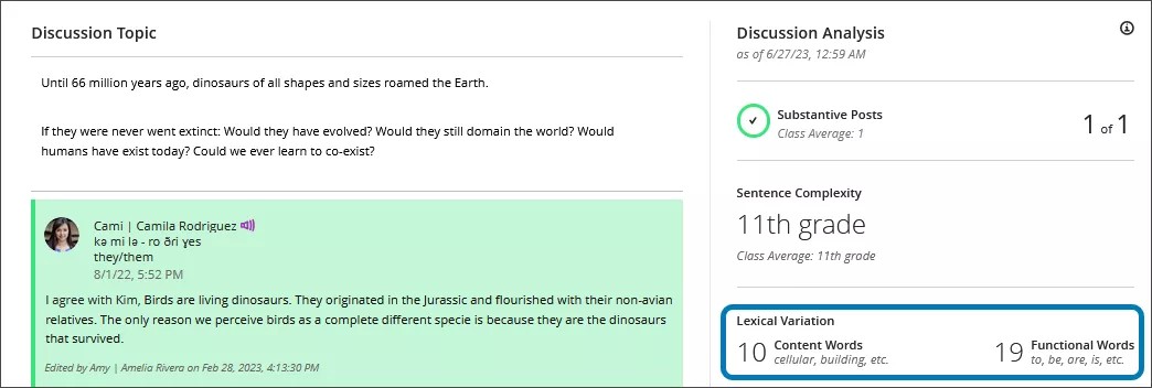 Image de la page de discussion d'un étudiant, avec un nombre de mots de variation lexicale mis en surbrillance