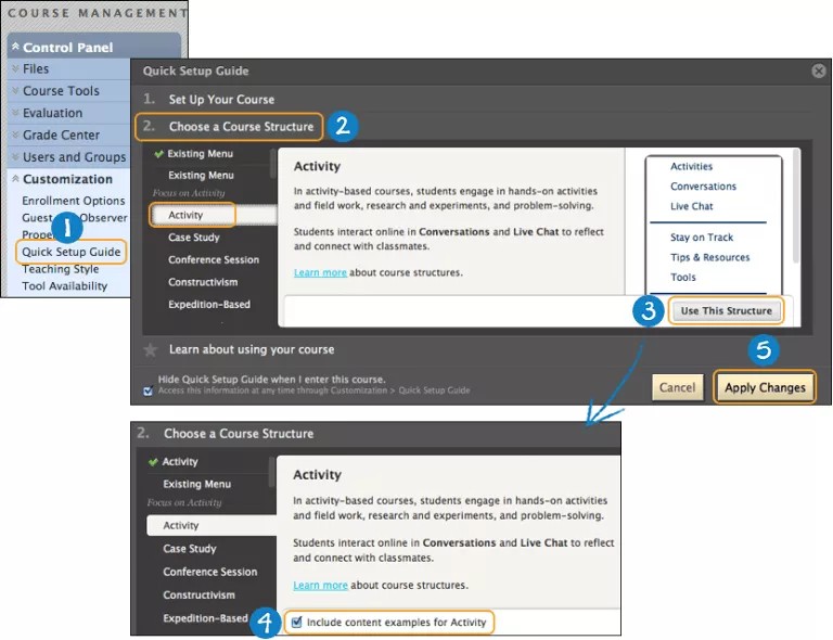 Le panneau de contrôle de gestion des cours à gauche, avec le panneau Guide d'installation rapide développé à droite et l'option annotée expliquée dans le texte suivant l'image.