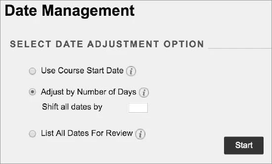 La page Gestion des dates, qui présente les options de sélection de la date : utiliser la date de début du cours, ajuster en fonction du nombre de jours et répertorier toutes les dates à réviser. Il y a un bouton Démarrer en bas à droite.