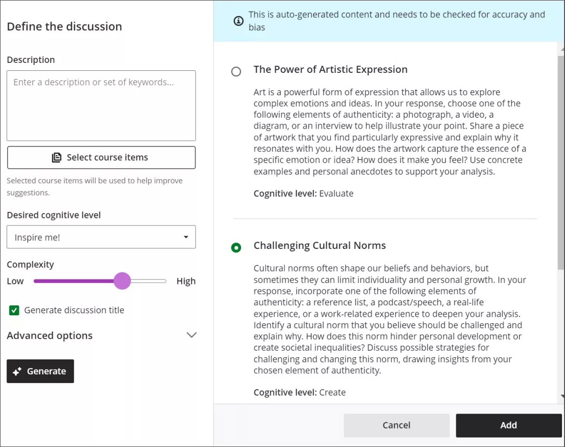 Panneau de génération automatique de discussion de l’assistant de conception IA, avec les options à gauche et les invites de discussion à droite.