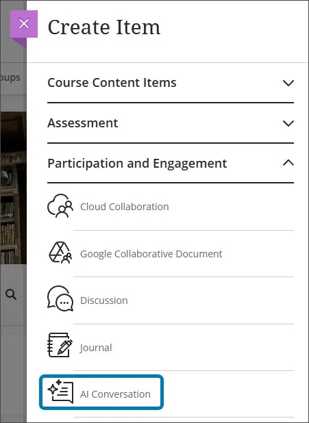 Panneau Créer un élément, affichant la conversation sur l'IA au bas de la page Participation et engagement