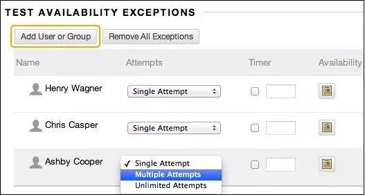 Page des exceptions de disponibilité des tests