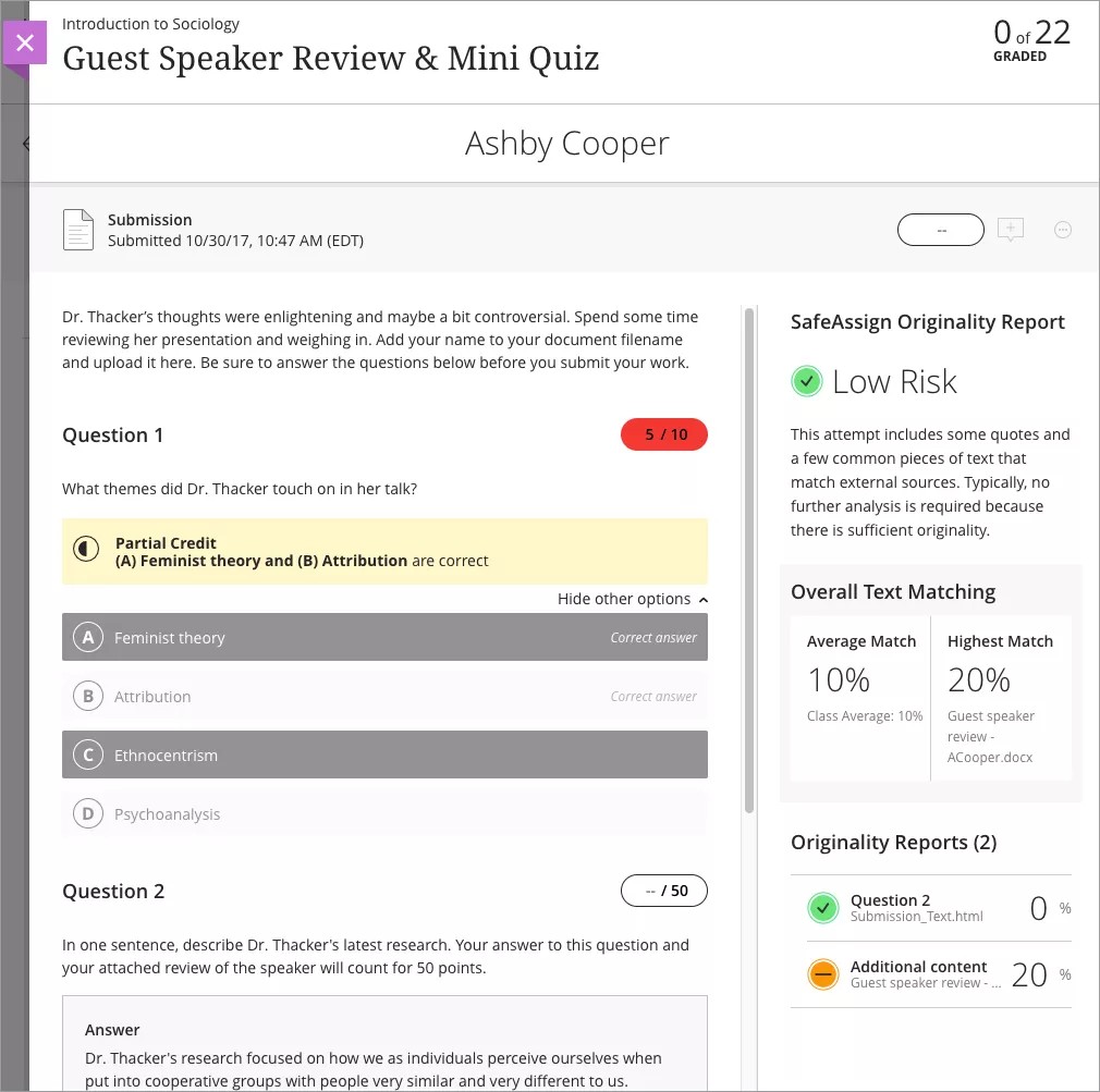 Voici à quoi ressemble le rapport d'originalité SafeAssign.