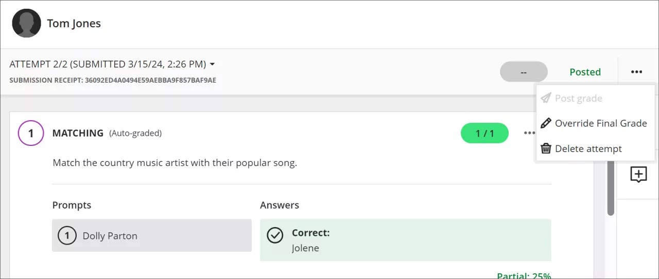 Affiche le menu sélectionné pour les tentatives multiples d'un étudiant dans lequel vous pouvez remplacer la note finale