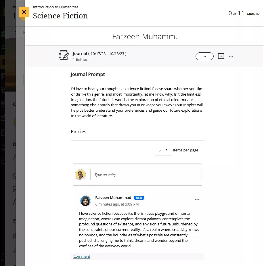 Le devoir de journal terminé par un étudiant. Le professeur peut donner une note et un feed-back à partir de cette page.