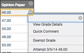Les options sont Afficher les détails de la note, Commentaire rapide, Note d'exemption et Informations sur les tentatives