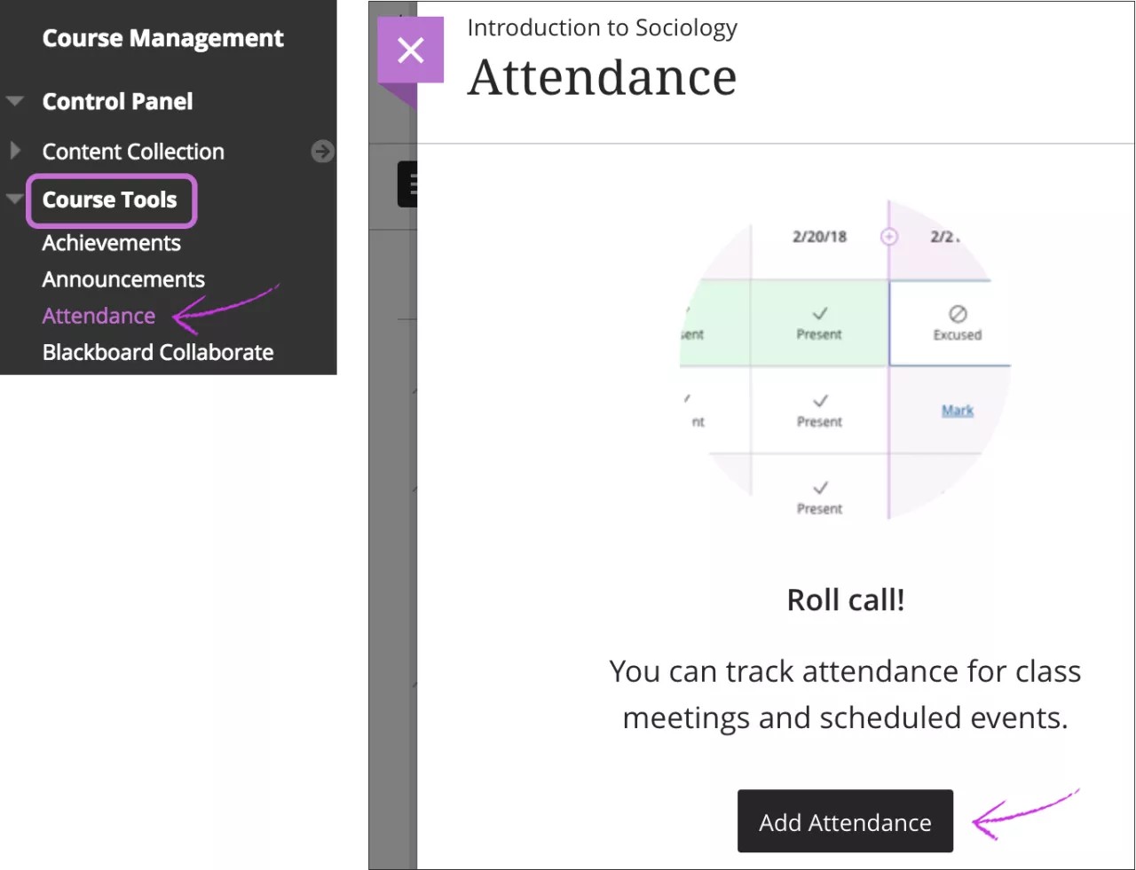 Sélectionnez Outils de cours, puis Présence pour ouvrir la page de présence