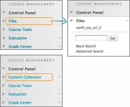 Le panneau de configuration dans la vue supérieure affiche les fichiers surlignés en orange, tandis qu'une fenêtre sur la droite affiche la vue des fichiers. Le panneau de configuration dans la vue inférieure montre la collecte de contenus surlignée en orange.