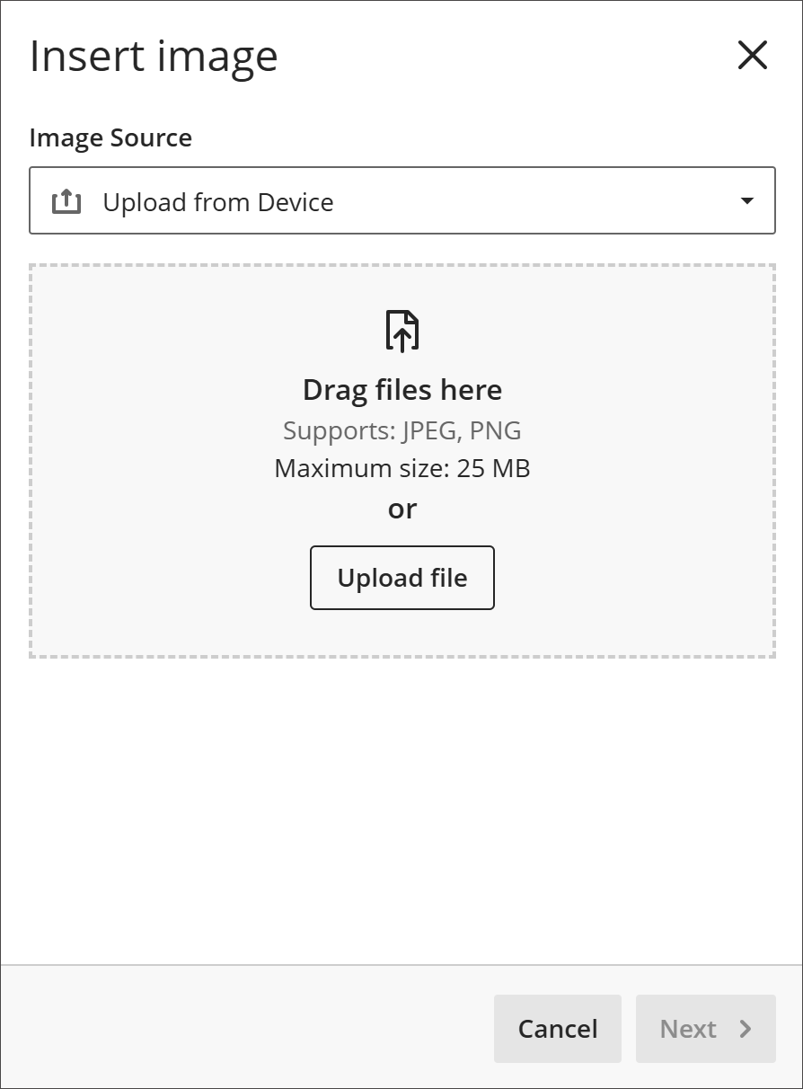 Image de la fenêtre contextuelle Insérer une image, montrant comment effectuer un téléchargement depuis un appareil