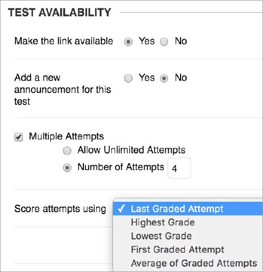 Options de disponibilité des tests dans les paramètres de test. Le menu d'options pour Score tente d'utiliser, puis la liste des options. La dernière tentative notée est sélectionnée.