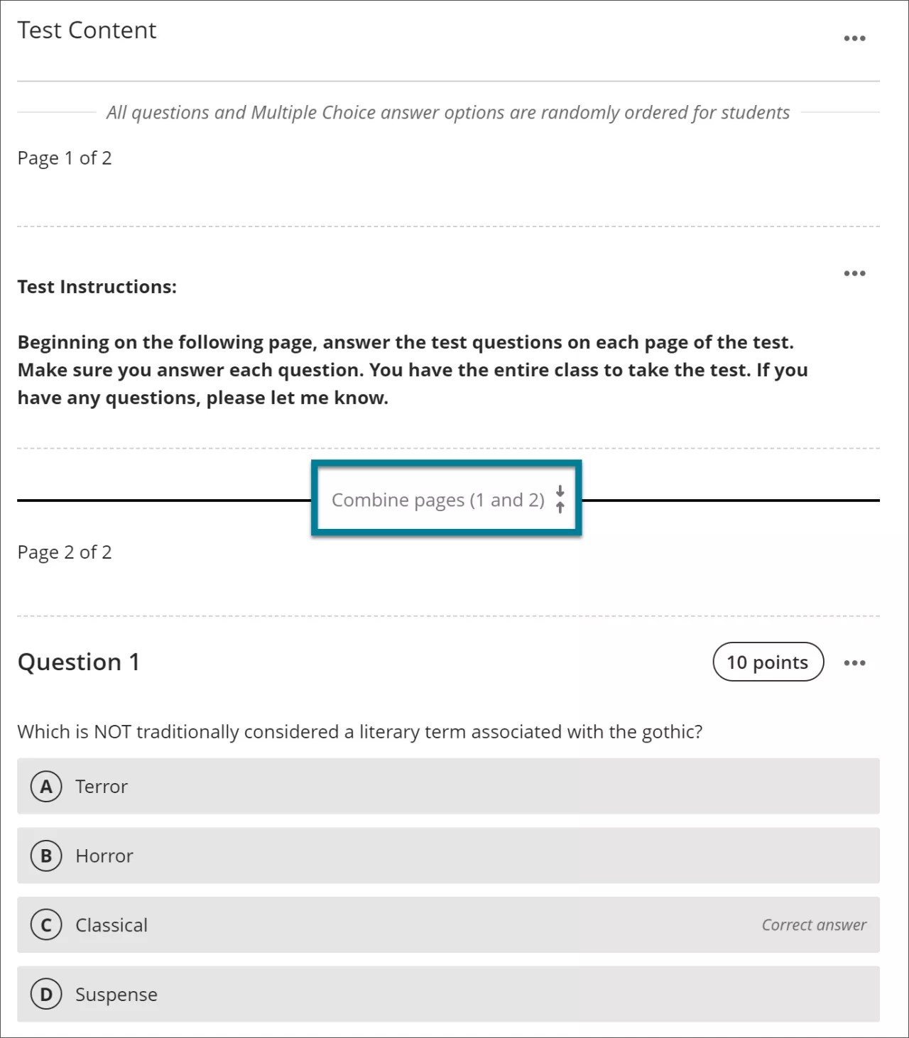 Image de deux pages de test distinctes avec un encadré autour de l'option Combiner les pages