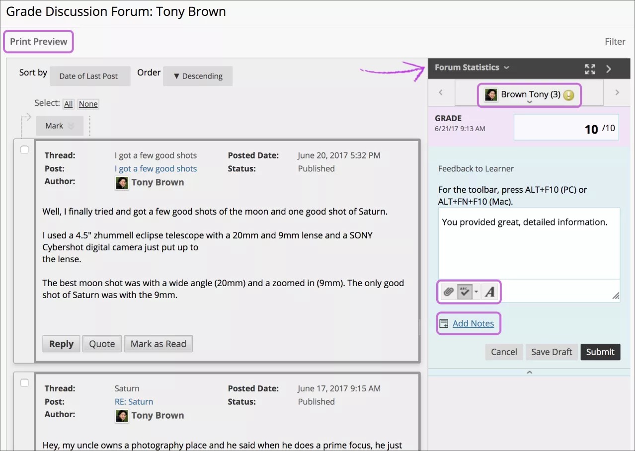 La page du forum de discussion sur les notes pour l'utilisateur Tony Brown. Les messages de discussion de l'utilisateur sont répertoriés dans le volet de gauche. Un lien d'aperçu avant impression surligné en violet. Le panneau de notes se trouve sur la droite, où vous pouvez saisir la note et le feed-back à l'apprenant. Une flèche pointe vers le menu Statistiques du forum. Le nom de l'utilisateur, les icônes de la zone feed-back à l'apprenant et le lien Ajouter des remarques sont mis en surbrillance.
