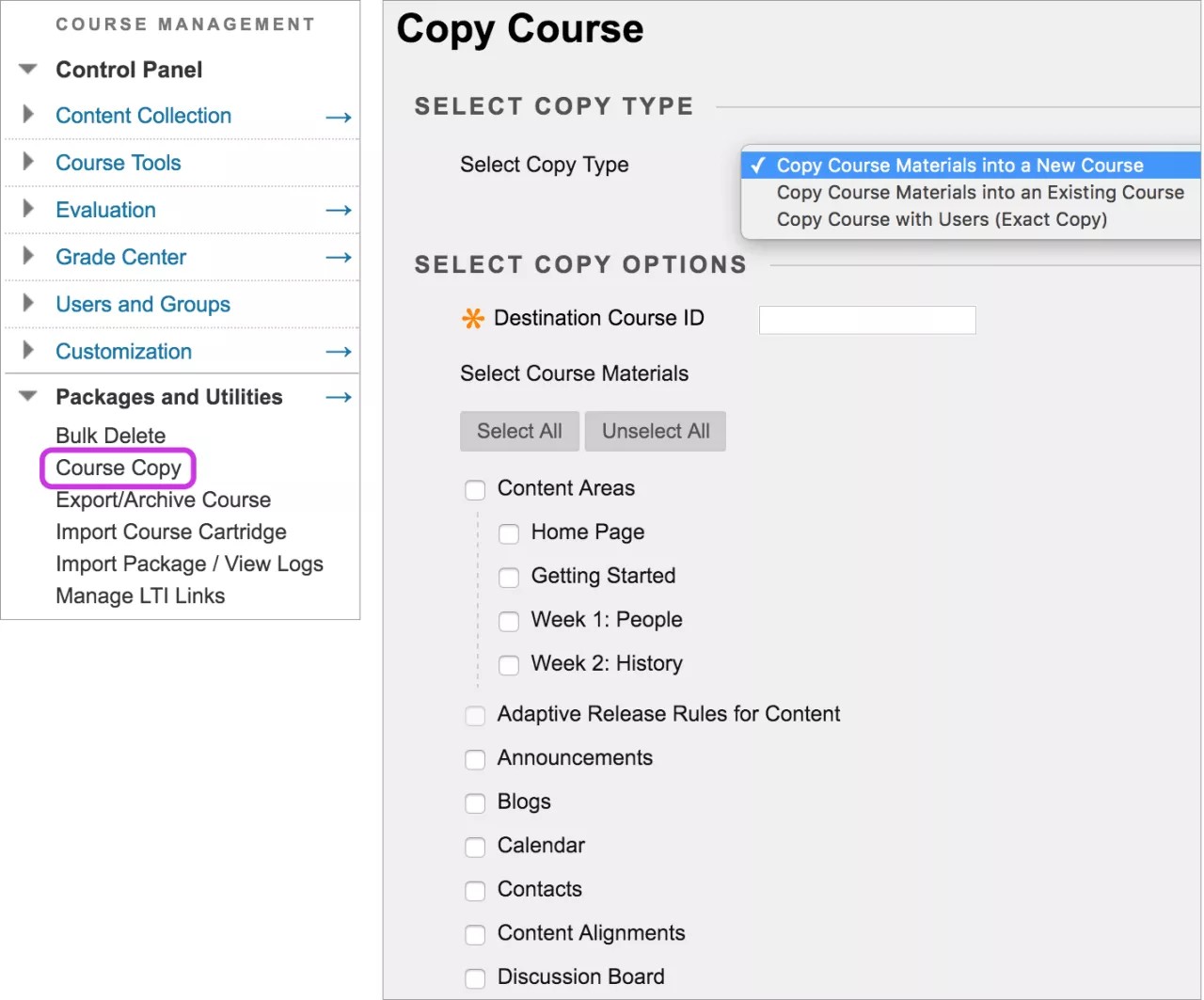 Panneau Copier un cours, qui affiche tous les champs et options à sélectionner lors de la copie d'un cours. Sur le panneau de configuration, la copie du cours est surlignée en violet.