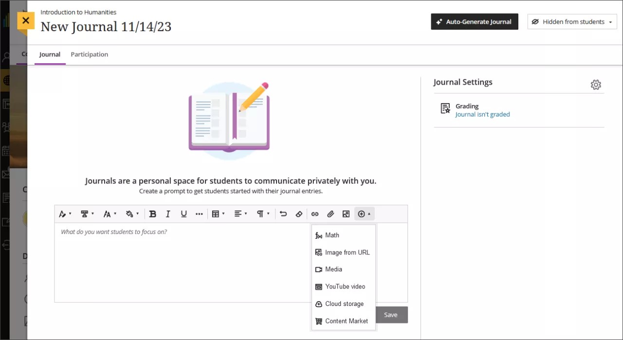 新しい仕訳課題を作成するユーザーがいる仕訳ページ。