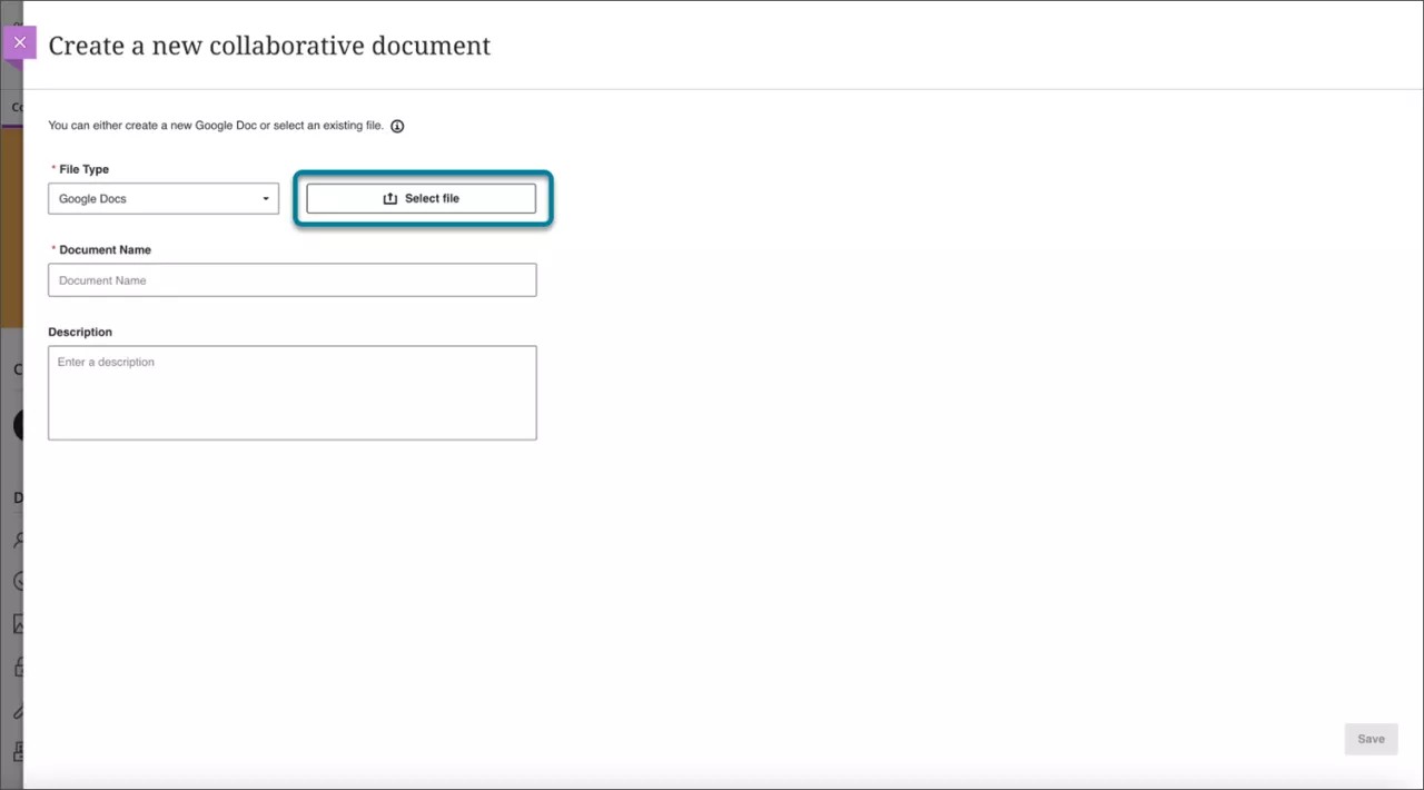 [ファイルを選択] が強調表示された新しい共同作業ドキュメント ページを作成する