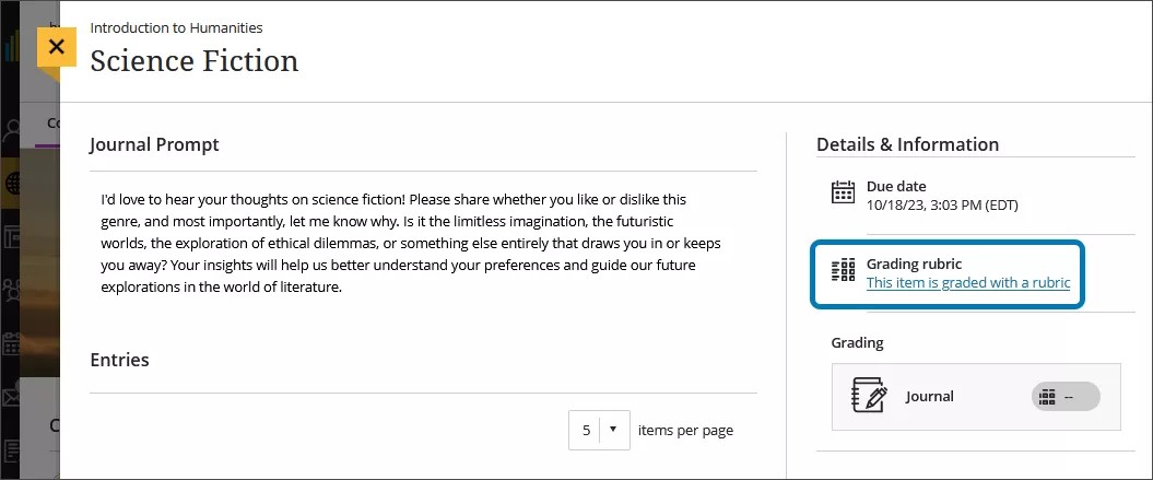 ルーブリックを表示するオプションが強調表示された課題の画像