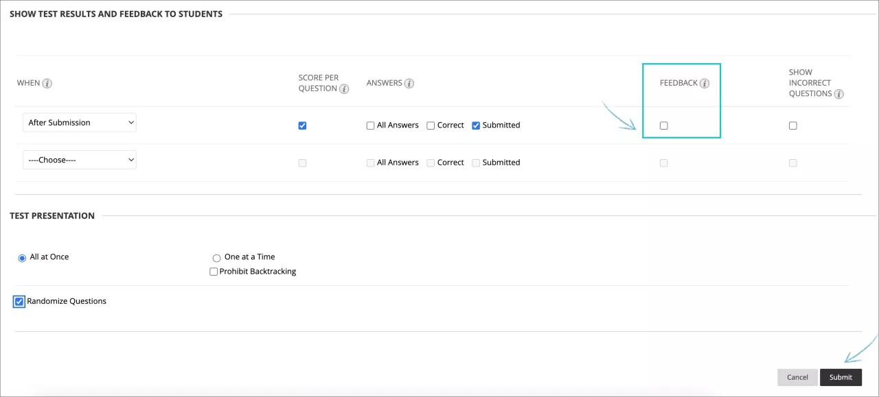 生徒の設定にテスト結果とフィードバックを表示する